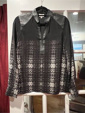 Parker Black and White Geometric-Print Long-silk Sleeve Blouse with Leather Yoke
